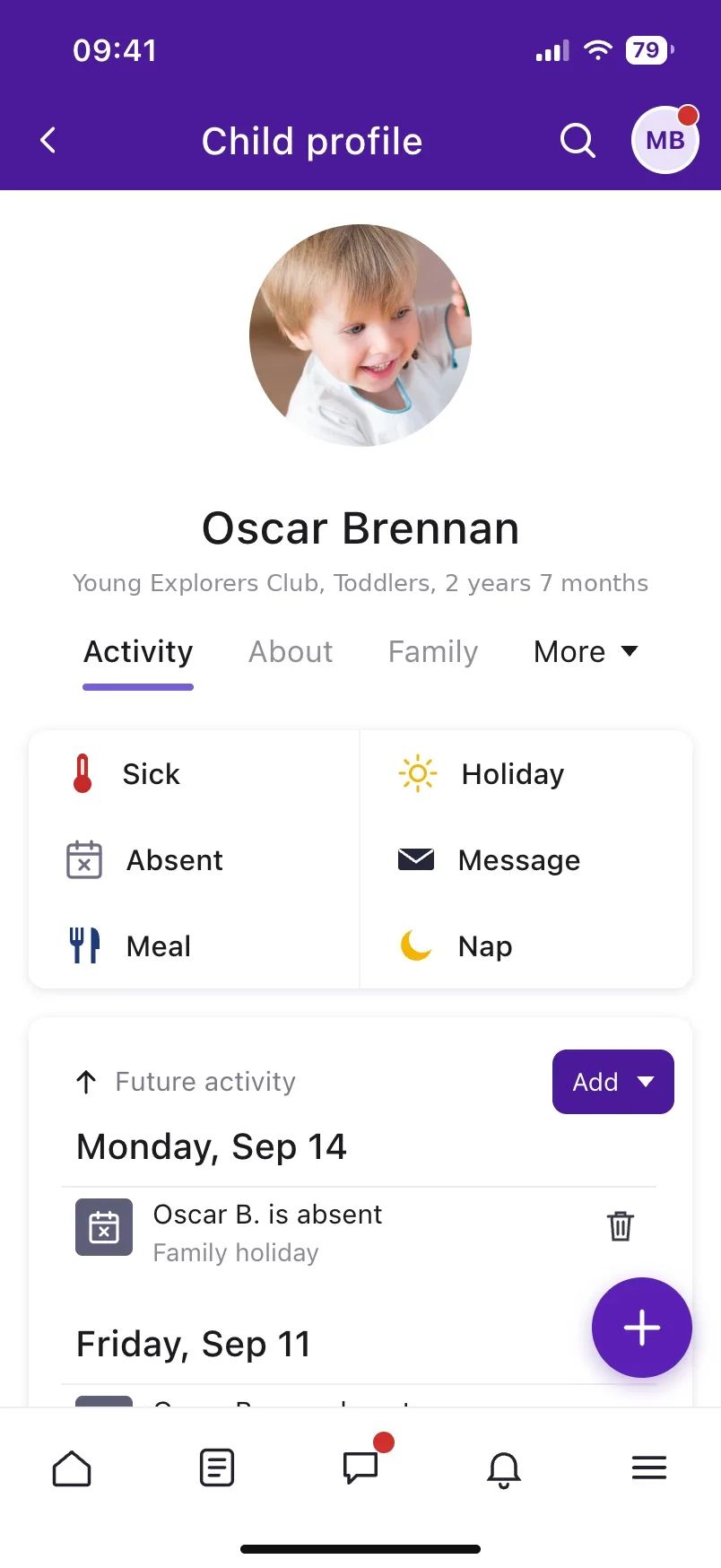 Child profile in the Famly parent app used at Young Explorers Club, with quick buttons for sick, holiday, absent, message, meal and nap